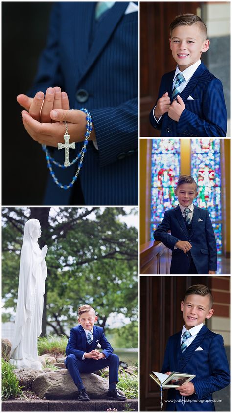 collage of images from a First Holy Communion portrait sessions.  closeup image of a boy's hands holding a rosary.  image of a boy smiling wearing a blue suit. image of a boy sitting at the edge of a garden with a statue of Mary.  image of a boy wearing a blue suit, standing in front of a stained glass window. image of a boy wearing a blue suit, smiling as he holds a book of prayers 1st Communion Photo Ideas, Communion Picture Ideas, Communion Photoshoot Boys, 1st Communion Picture Ideas, Communion Pictures Ideas Boy, Boy Communion Photos, First Holy Communion Photography, First Communion Portraits, First Communion Party Ideas For Boys