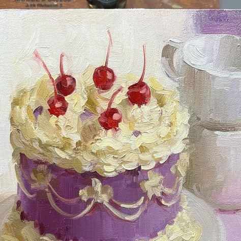 𝔸𝕤𝕙𝕝𝕖𝕪 𝔾𝕝𝕒𝕫𝕚𝕖𝕣 on Instagram: "Update: SOLD 🔴 Selling this little 8x8” cake painting that I made in preparation for my upcoming still life painting course with @sentientacademy! Woo! 🍰 Comment or DM to claim! $325+shipping, 8x8” on a 1.5” cradled panel, unframed. Painting will ship once dry. 💜📦" Cute Cake Painting, Creative Still Life Drawing, Food Painting Ideas Easy, Birthday Cake Painting Acrylic, Cake Acrylic Painting, Painting Ideas Birthday, Food Art Painting Acrylic, Painting Inspiration Aesthetic, Food Painting Acrylic