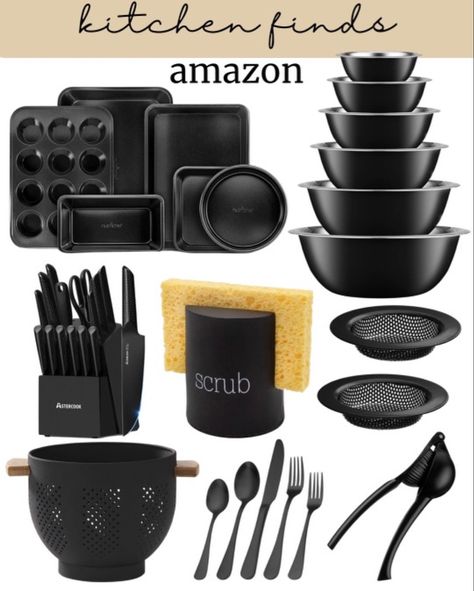 Black kitchen finds from amazon Black Kitchen Organization Ideas, Black Kitchen Aesthetic Apartment, Black Decor Kitchen Ideas, Matte Black Kitchen Decor, Black Kitchen Inspiration Apartment, Black Kitchen Essentials, Black Kitchen Dishes, Black House Accessories, Black Themed Kitchen Ideas