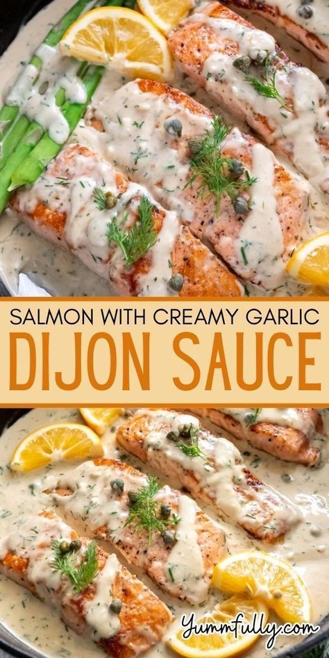 Salmon Dishes Dinners Meals, King Salmon Recipe, Bariatric Puree, Salmon Fish Recipes, Salmon Marinades, Garlic Dijon Sauce, Salmon Sauce Recipes, Creamy Dijon Sauce, Savory Salmon