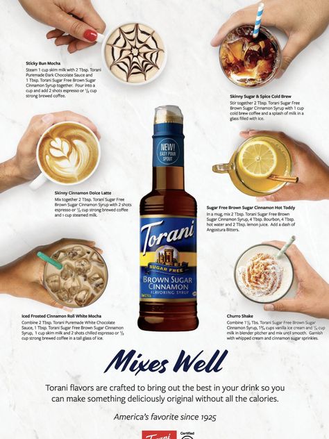 Torani Brown Sugar Cinnamon Recipes, Coffee Syrup Flavor Combinations, Monin Syrup Recipes, Barista Recipes, Torani Syrup Recipes, Barista School, Crazy Coffee Lady, Torani Recipes, Barista Recipe