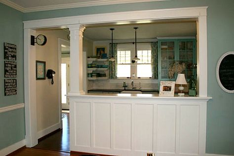 cute pass-through style with board + batten Kitchen Pass Through, Kitchen Pass, Open Kitchen And Living Room, Half Walls, Kitchen Open, Cabinets Kitchen, Kitchen Redo, Trendy Kitchen, Room Remodeling