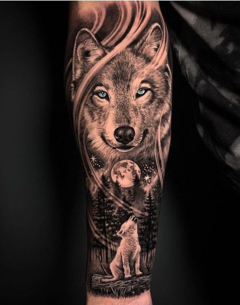 Wolf Forearm Sleeve, Wolf Tattoo Upper Arm Half Sleeves, Gray Wolf Tattoo Women, Wolf Back Tattoo Design, Wolf Tattoo Arm For Women, Assasin Tattoo Design, Wolf Shin Tattoo, Wolf Sleeve Tattoos For Women, Wolf Tattoo Calf