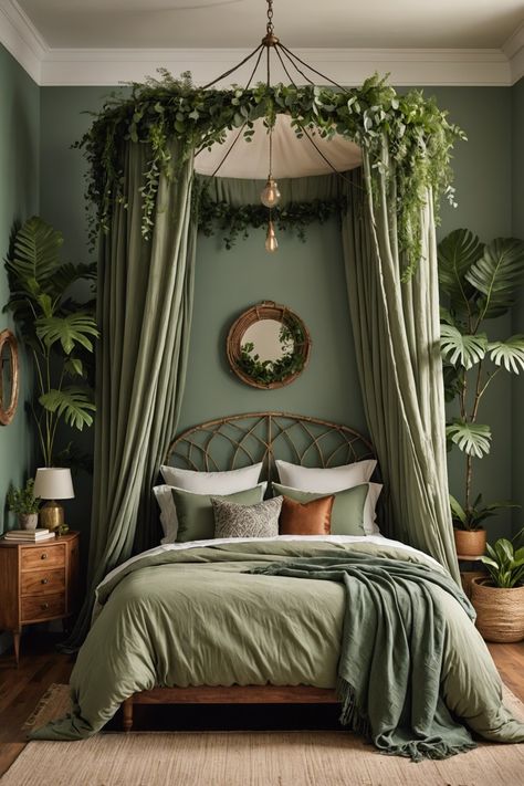 Sage Green Bedroom Decor Ideas Boho, Boho Bedroom Aesthetic Green, Sage Earthy Bedroom, White Walls Green Bedding, Sage Green Dressing Room, Nature Green Bedroom, Different Shades Of Green Bedroom, Forest Aesthetic Home Decor, Earthy Accent Wall Bedroom