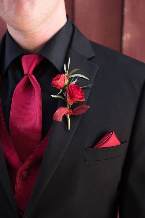 Red And Black Classy Wedding, All Black With Red Tie, Red Wedding Tux Grooms, Crimson Red And Navy Blue Wedding, Prom Suits For Men Unique Red, Groomsmen Tux Ideas, Black And Red Suit For Men, Black And Red Tuxedo, Black And Red Tux