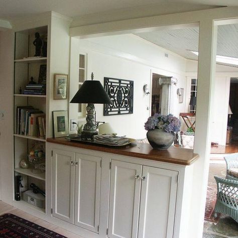 Craftsman Half Wall, Half Wall Seperation Ideas, Entrance Half Walls, Half Walls Kitchen, Pony Wall Built In Shelves, Pony Wall Bookshelf, Half Wall Cabinet Built Ins, Entryway Half Wall Ideas, Half Wall With Shelves