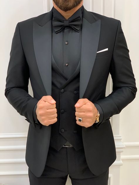 All Black Tux, All Black Tuxedo, Black Tuxedo Wedding, Wedding Suits Men Black, Shawl Collar Tuxedo, All Black Suit, Tuxedo Colors, Black Suit Wedding, Wedding Tux