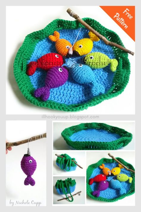 Crochet Toy Set Patterns, Fishing Crochet Pattern Free, Crochet Patterns That Work Up Fast, Crochet Playset Free Pattern, Crochet Fishing Game, Free Crochet Baby Toys Patterns, Crochet Toy Set, Crochet Play Sets Free Pattern, Crochet Toddler Toys Free Pattern