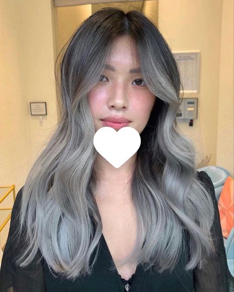 Ash Gray Asian Hair, Black And Silver Ombré Hair, Asian Gray Hair Balayage, Popular Hair Colors 2020, Dark Platinum Hair, Balayage Hair Grey Silver Dark Roots, Toned Grey Hair, Ashy Brown Hair Balayage Ash Blonde Subtle Ombre, Grey Hair Balayage Dark Roots