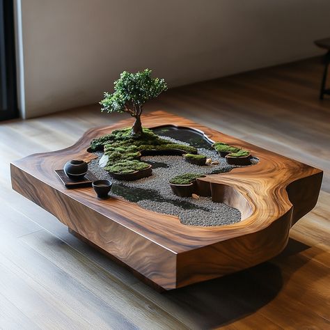 The Zen Rock Garden Coffee Table brings tranquility into your home with its minimalist design. Inspired by traditional Japanese rock gardens, this table features a serene arrangement of stone-like elements on a smooth, natural surface. Its calming aesthetic makes it a perfect centerpiece for fostering relaxation and mindfulness in any living space. Zen Garden Table, Table Terrarium, Terrarium Table, Japanese Rock Garden, Calming Aesthetic, Modern Gazebo, Zen Rock Garden, Zen Rock, Zen Garden Design