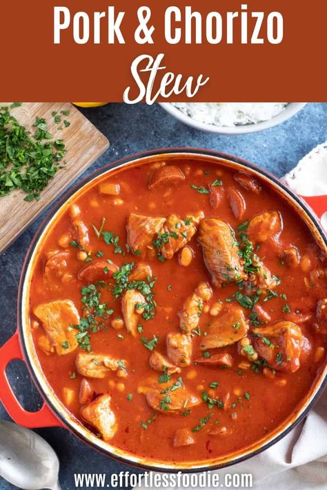 A rich and smoky pork and chorizo stew recipe, flavoured with aromatic oregano and smoked paprika. On the table in 30 minutes! Pork And Chorizo Recipes, Chorizo And Bean Stew, Recipes With Pork, Recipes With Pork Chunks, Easy Sausage Casserole, Spanish Pork, Chorizo Stew, Pork Chorizo, Pork Stew Recipes