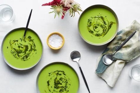 Cold Pea Soup with Herbed Oil Swirl recipe | Epicurious.com Cold Soup Recipes, Spring Appetizers, Chilled Soup, Beet Soup, Summer Soup, Green Soup, Pureed Soup, Cold Soup, Corn Soup