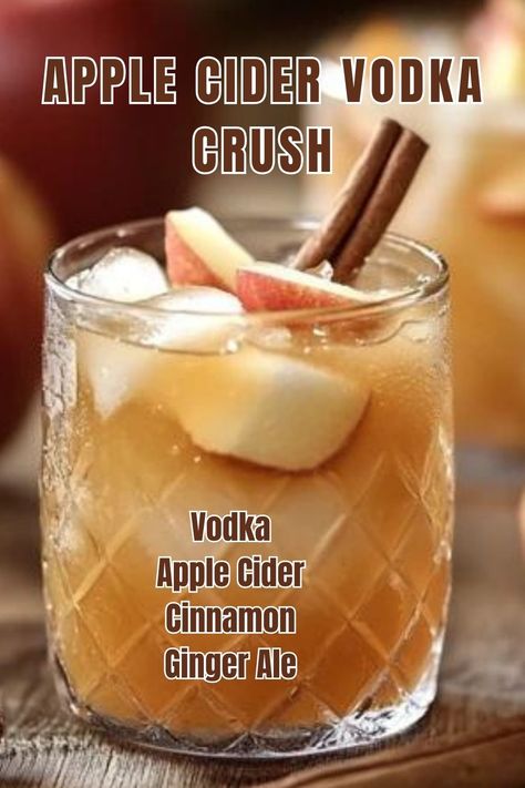 Apple Cider Vodka Crush Apple Cider Whipped Vodka, Spiked Cider Recipes Crock Pot, Simple Apple Cider Cocktail, Apple Cider Crush, Crockpot Apple Cider With Alcohol, Apple Cider Wine Slushies, Vodka Apple Cider Cocktail, Honey Vodka Cocktails, Apple Cider Shots Recipe