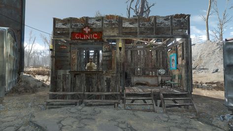 Basic clinic stall. #fallout4 #fo4 #settlement Fallout 4 Tips, Fallout Settlement, Fallout 4 Settlement Ideas, Vault 111, Fallout Concept Art, Base Building, Fallout Game, Fallout Art, Fall Out 4