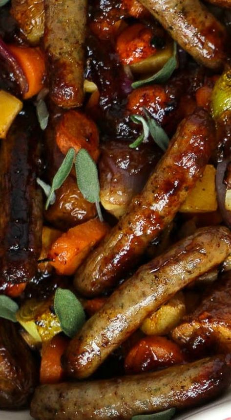 Sticky Sausages Recipes, Sausages Recipe For Dinner, Sticky Sausage Tray Bake, One Tray Bake, Breakfast Sausage Meals, Pork Sausages Recipe, Sausage Bake One Pan, Simple Sausage Recipes, Lamb Sausage Recipes Dinners