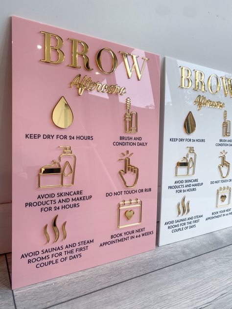 Stand out with a sign with our stunning aftercare signs. UV printed with 3D icons. Brow aftercare advice signage for your salon, beauty room, or aesthetics room. Beautiful 3D mirror titles and icons are available in gold mirror, rose gold mirror or silver. Size: Approximately size A3  Customise: Choose your colours from the drop-down menu. The 2D instructional writing will be white if the black base is chosen and black on all other bases. Made from 2 layers of 3mm acrylic  *Note on fixing your s Lash Room From Home, Brow Room Aesthetic, Beige And Gold Salon, Brow Room Set Up, Brow Suite Ideas, Brow Room Decor Ideas, Waxing Suite Decor, Brow Station, Salon Aesthetic Beauty