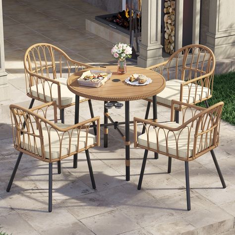 DWVO 5 Pcs Patio Dining Table Set, 4 Rattan Wicker Patio Dining Chair &  Dining Table with Umbrella Hole for 6 People for Patios, Backyard - Walmart.com Chair Dining Table, Round Patio Table, Table With Umbrella, Round Table And Chairs, Rattan Patio Furniture, Wicker Dining Set, Backyard Lawn, Comfortable Dining Chairs, Wicker Dining Chairs