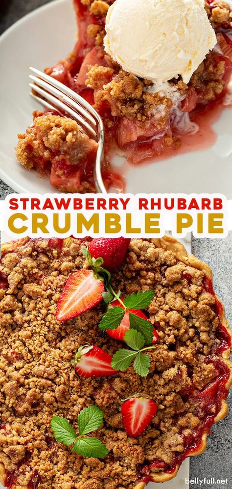 This is the best strawberry rhubarb pie recipe! Sweet fresh strawberries and tart rhubarb come together for the filling, then it's finished with the most delicious crumb topping. It's super easy to make with either fresh or frozen fruit, and with tapioca or cornstarch as a thickener. Serve on its own or with a scoop of vanilla ice cream! Rhubarb Crumble Pie, Strawberry Rhubarb Pie Filling, Rhubarb Pie Recipe, Strawberry Rhubarb Recipes, Strawberry Rhubarb Pie Recipe, Rhubarb Recipes Pie, Strawberry Rhubarb Crumble, Crumble Pie, Strawberry Rhubarb Crisp