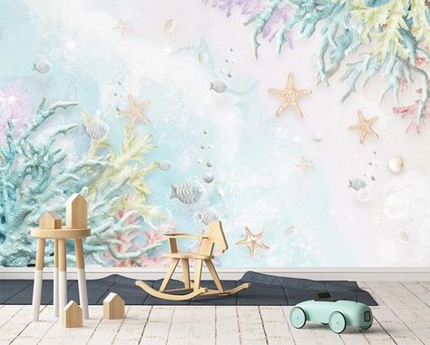 Starfish Wall Decor, Exclusive Wallpaper, Coral Wallpaper, Coral Walls, Coral Watercolor, Photo Mural, Fish Wallpaper, Fish Wall Art, Garden Animals