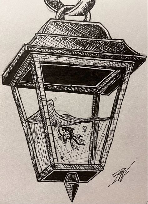 Fish trapped in a lantern fast sketch ink drawing fine lines black and white Lantern Pencil Drawing, Fineline Pen Art, One Pen Drawing, Sketch Pen Art Easy, Water Sketch Pen, Drawings To Do With Pen, Simple Pen Sketches Aesthetic, Easy Things To Sketch Step By Step, Lantern Fish Drawing