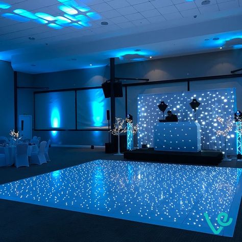 Ice Theme Sweet 16, White Led Dance Floor, Ice Blue Birthday Theme, Winter Wedding Dance Floor, White And Blue Theme Party, Sweet 16 Party Ideas Blue And White, Winter Formal Dance Themes, Quince Dance Floor, Sweet 16 Party Ideas Light Blue