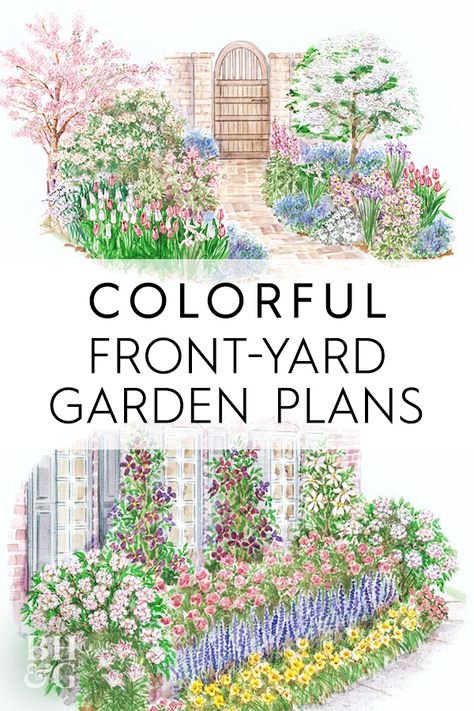 Looking for a colorful front-yard garden plan? Check out our favorite front-yard garden plans here. #gardenplans #gardenplanslayout #gardenlayout #project #printablegardenplan #landscape #bhg Front Yard Landscape Plans Layout, Flower Garden Ideas In Front Of House Landscaping Perennials, Full Front Yard Garden, Yard Plans Layout Design, Perrenial Landscaping Front Yards, Small Front Yard Flower Garden, Perennial Cottage Garden Plans, Front Yard Garden Plans Layout, Front Garden Bed Landscaping