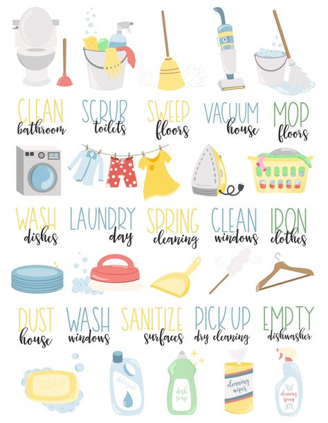 Chores and Cleaning Digital Planner Stickers Digital Journal Stickers, Cleaning Stickers, Digital Stickers Goodnotes, Planner Icons, Free Planner Stickers, Bullet Planner, Goodnotes Stickers, Digital Planner Stickers, Stickers Digital