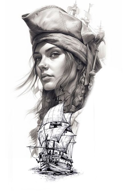 Female Pirate Tattoo, Pirate Lady Tattoo, Pirate Tattoos, Pirate Women, Pirate Skull Tattoos, Armour Tattoo, Pirate Tattoo, Nautical Tattoo, Art Photography Portrait