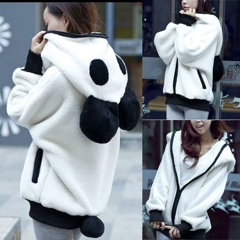 Hoodie Coat Woman, Cartoon Sweater, Panda Hoodie, Panda Cartoon, Kawaii Hoodies, Plush Coat, Kawaii Panda, Style Kawaii, Oversize Pullover