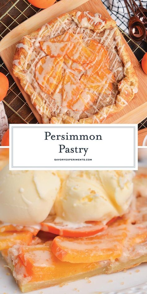 This Persimmon Pastry recipe is an EASY dessert or breakfast using bright orange persimmon, brown sugar, and buttery puff pastry! Fuyu Persimmon Recipes, Persimmon Pie Recipe, Persimmon Dessert, Persimmon Cake Recipe, Easy Puff Pastry Desserts, Persimmon Bread, Persimmon Recipes, Homemade Chocolate Truffles, Rum Cake Recipe