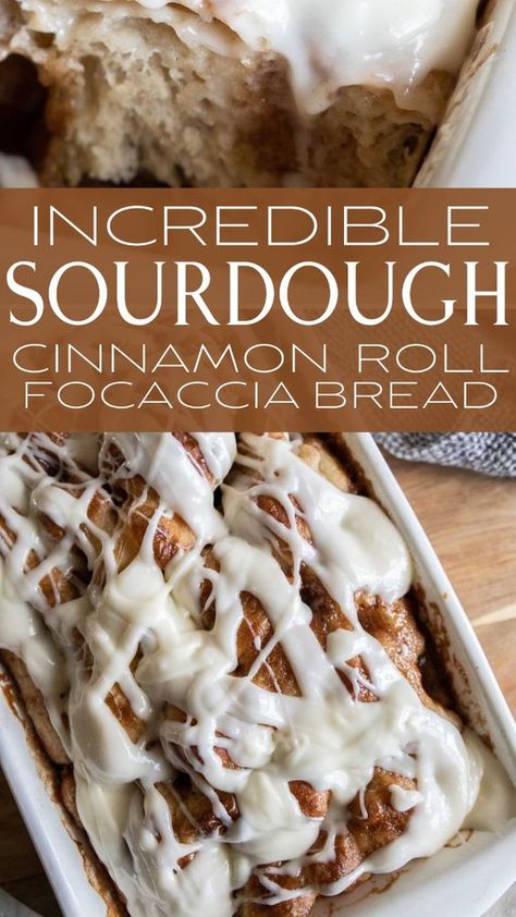 This new take on focaccia bread will have you swooning for this amazing treat! Using my traditional sourdough focaccia bread recipe I have created an amazing dessert with cinnamon sugar syrup and sweet and tangy cream cheese icing. Sourdough Cinnamon Roll, Cinnamon Sourdough, Sourdough Focaccia Recipe, Foccacia Recipe, Bread With Cream Cheese, Sourdough Focaccia, Recipe Using Sourdough Starter, Focaccia Bread Recipe, Sourdough Starter Discard Recipe