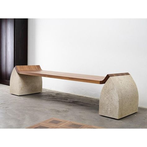 Traaf Bench Large by Tim Vranken Materials: American Walnut, Granito Stone Dimensions: L205 x W50 x H46 cm Tim Vranken is a Belgian furniture designer who focuses on solid, handmade furniture. Throughout his designs, the use of pure materials and honest, natural processes are paramount. The result is an unconcealed interplay of lines and shapes without the slightest frills. Tim’s collections are often characterized by pure, geometrical shapes in which junctions play a vital role or even become t Wood And Stone Bench, Tire Bench, Organic Furniture Design, Rock Furniture, Concrete Bench Seat, Minimalist Bench, Wabi Sabi Furniture, Brazilian Furniture, Curved Bench