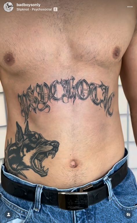 Best Stomach Tattoos For Men, Edgy Mens Tattoos, Abdominal Tattoos Men, Belly Writing Tattoo, Black Ink Chest Tattoo, Grind Tattoo Men, Men Tattoo Stomach, Stomach Script Tattoos Men, Stomach Text Tattoo