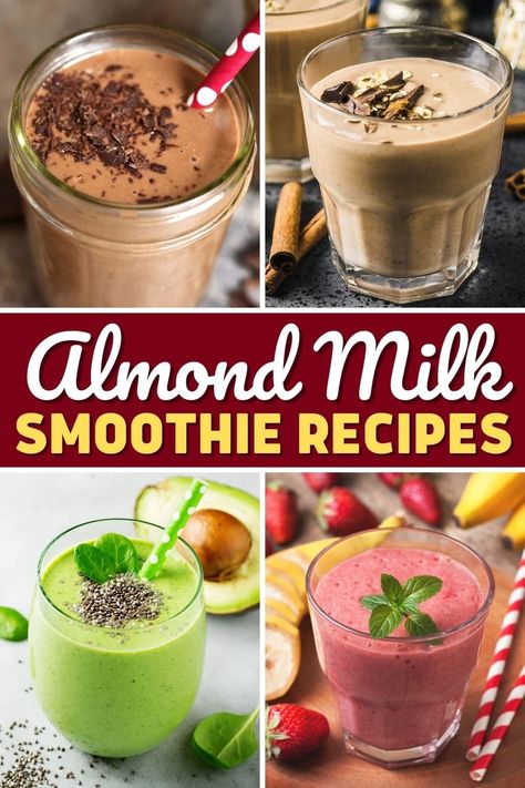 Even though these almond milk smoothie recipes are dairy-free, they're still wonderfully creamy, deliciously sweet, and totally filling. Almond Milk Smoothies Healthy, Almond Milk Smoothies, No Dairy Smoothie Recipes, Chocolate Almond Milk Smoothie, Almond Smoothie Recipes, What To Do With Almond Milk, Almond Milk Smoothie, Almond Milk Breakfast Recipes, Dairy Free Smoothie Recipes