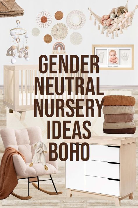 Are you looking for neutral boho nursery ideas? My boho gender neutral nursery theme might be just what you're looking for! This design features a natural wood colored crib and dresser/changing table as well as a soft rocking chair. I incorporated boho nursery decor on the walls and a boho area rug. Shop this nursery look or simply use it as nursery inspiration for your home! Gender Neutral Nursery Ideas Boho Earth Tone Nursery Gender Neutral, Boho Gender Neutral Nursery, Nursery Ideas Boho, Boho Nursery Neutral, Boho Nursery Ideas, Gender Neutral Nursery Ideas, Neutral Nursery Ideas, Nursery Themes Neutral, Boho Baby Nursery