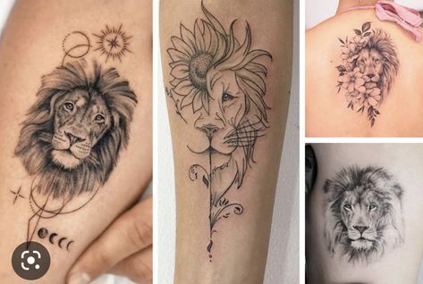 Half Lion Half Sun Tattoo, Lion Strength Tattoo, Boho Lion Tattoo, Lion And Phoenix Tattoo, Celestial Lion Tattoo, Lion Ankle Tattoo, Lion Hearted Tattoo, Leo Lion Tattoos For Women Arm, Lion Lioness Tattoo Couple