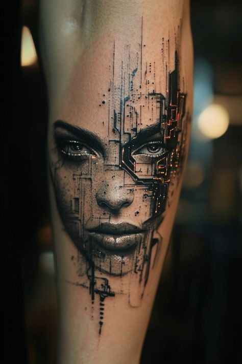 A futuristic tattoo of a woman's face integrated with circuit board elements. Transcendence Tattoo, Cyberpunk Tattoo Design, Cyberpunk Tattoo Design Ideas, Sci Fi Tattoo, Cyberpunk Tattoos, Neon Tattoos, Skydiving Tattoo, Best Arm Tattoos, Cyberpunk Tech