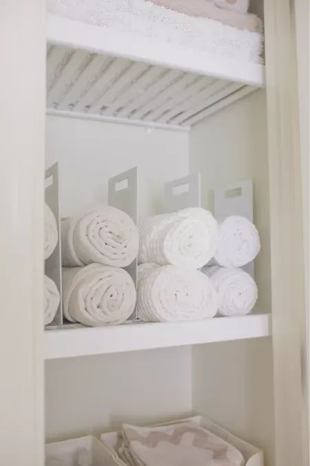 Linen Storage In Bedroom, Bathroom Linen Closet Organization, Amazon Finds Bathroom, Organization Amazon Finds, Towel Closet, Small Linen Closet Organization, Amazon Organization, Towel Organizer, Small Linen Closets