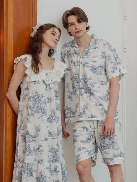 Editor's NotesThis pajama set is comprised of a short-sleeved top and bottom for men and sleeveless dress for women.  Romantic toile de jouy patterns are printed on cool cotton fabric.MEN'S- Short-sleeved button-down collared top with front pocket- Piping finishes on neckline and cuffs- Elasticated banding on the waist for comfort- Natural fit for a comfortable night's sleepWOMEN'S- Feminine square neckline- Embroidered laces and frills on the neckline and shoulders- Ribbon on the front cen Night Dress For Man, Cotton Night Dress, Couple Pajamas, Cotton Pajama Set, Pajama Pattern, Pajama Fashion, Sleepwear Fashion, Couple Dress, Pakaian Feminin