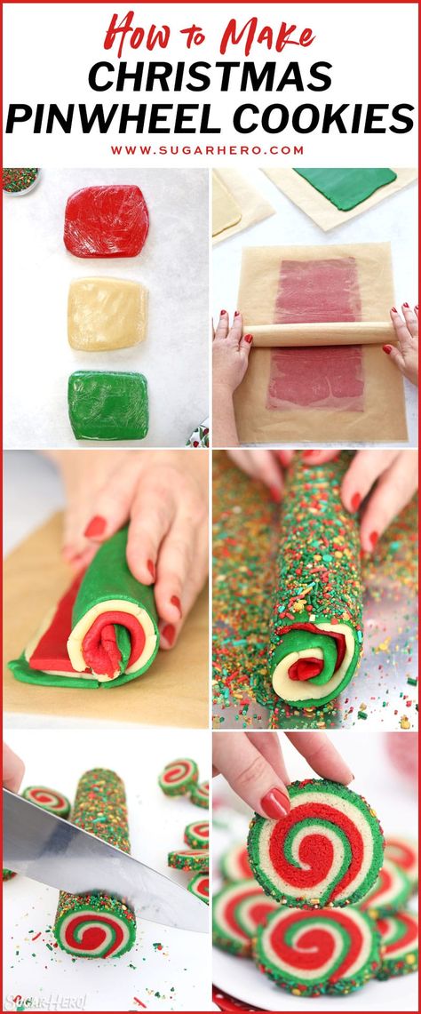 Christmas Pinwheel Sugar Cookies might be the best Christmas cookie recipe ever! They’re made with a simple sugar cookie dough, and the beautiful red, white, and green spiral design is surprisingly easy to make. #sugarhero #pinwheelcookies #christmascookies #holidaycookies Spiral Christmas Cookies, Sugar Swirl Cookies, Christmas Pinwheels Cookies, Christmas Pinwheel Cookies Recipe, Christmas Swirl Sugar Cookies, Red And Green Sugar Cookies Christmas, Red And Green Sugar Cookies, Pinwheel Sugar Cookies Christmas, Pin Wheel Cookies Recipes