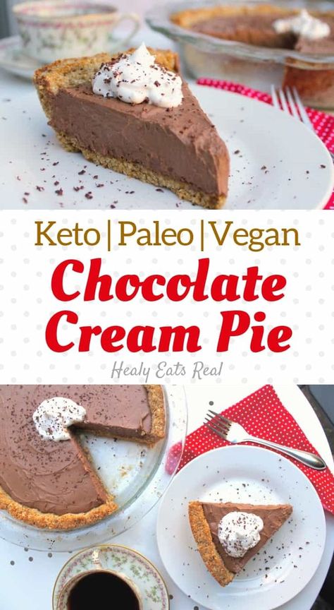 Rich Chocolate Cream Pie Recipe (Vegan, Keto & Paleo)- This chocolate cream pie recipe has a rich chocolate flavor and a smooth creamy texture with a nutty crust. It's the perfect dessert for holidays or special occasions and can be made vegan, keto or pa Chocolate Cream Pie Recipe, Dessert Oreo, Chocolate Cream Pie, Cream Pie Recipes, Desserts Vegan, Chocolate Pie, Paleo Chocolate, Keto Paleo, Paleo Vegan