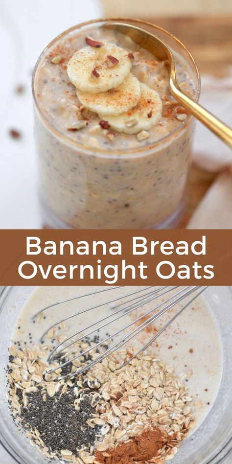 Look forward to breakfast again with easy and filling Banana Overnight Oats that tastes like banana bread! Made with nourishing staples like rolled oats, protein-packed Greek yogurt, chia seeds, peanut butter and cinnamon. Banana Oats Overnight, Healthy Oat Snack Recipes, Banana Bread Chia Pudding, Individual Overnight Oats, Flax Seed Overnight Oats, Rolled Oat Recipes, Banana Split Overnight Oats, Oatmeal And Banana Recipes, Overnight Oats Banana Peanut Butter