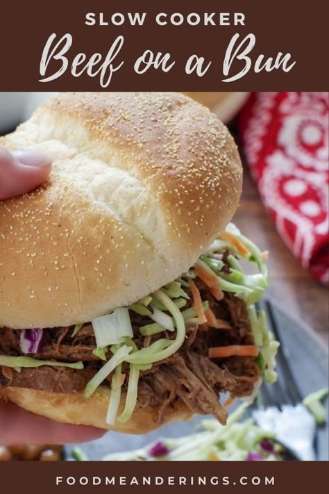 Chuck Roast Bbq Slow Cooker, Beef On A Bun For A Crowd, Roast Beef On A Bun, Beef On A Bun Slow Cooker, Beef On A Bun, Slow Cooker Beef Recipes, Bbq Potluck, Chuck Roast Recipes, Sirloin Tip Roast