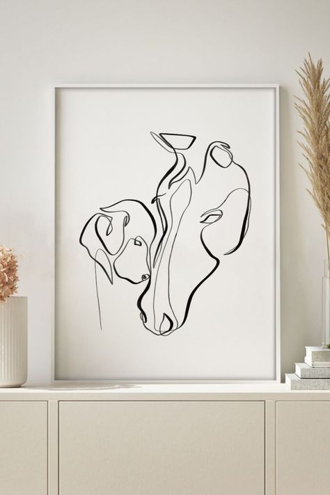 Horse And Dog Drawing, Line Art Horse Tattoo, Horse And Dog Tattoo, Minimalist Horse Tattoo, Line Drawing Horse, Line Art Horse, Horse Head Drawing, Horse Gift Ideas, Horse Outline