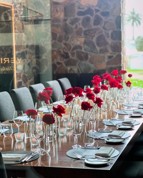 We love adding a bit of drama in the tables with flowers 🌹🌹 fabulous red roses and tea lights all set up for T&M’s gorgeous engagement party at @yeringstation ✨ Wedding Red Roses Theme, Red Roses Table Setting, Red Rose Decorations Wedding, Roses Centerpieces Ideas, Rose Dinner Party, Roses Table Setting, Red Roses Wedding Decor, Red Engagement Party, Red Garden Rose