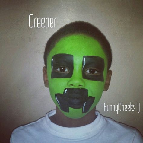 Creeper Minecraft birthday face painting by FunnyCheeksTJ Minecraft Face, Painting Minecraft, Face Painting For Boys, Homemade Face Paints, Creeper Minecraft, Clever Halloween Costumes, Plantas Vs Zombies, Kids Face Paint, Homemade Art