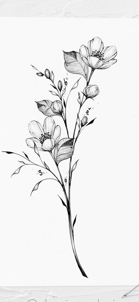 Dainty Vine Drawing, Floral Background Tattoo Design, Fine Line Floral Vine Tattoo, Flower Branches Tattoo, Tattoo Birds Flying Arm, Apple Blossom Branch Tattoo, Long Flowers Tattoo, Vines Flowers Tattoo, Apple Flowers Tattoo