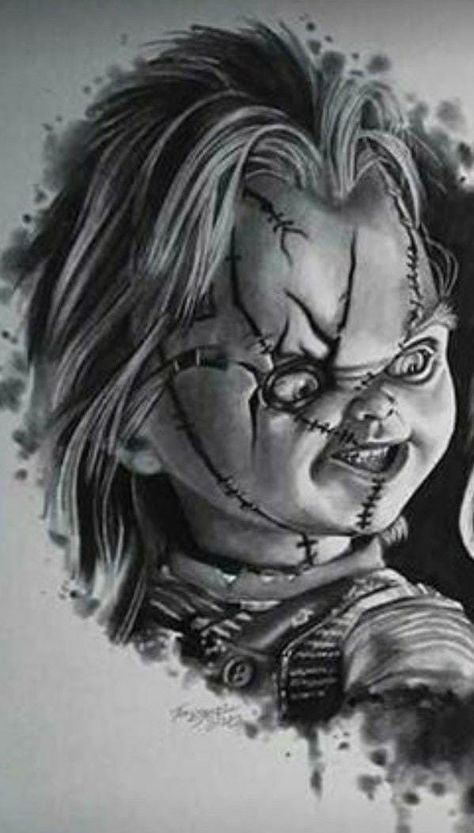 Chucky Sketch, Chucky Tattoo Ideas, Chucky Tattoo Design, Chucky Tattoos, Chucky Drawing, Horror Sleeve, Chucky Tattoo, Aztec Warrior Tattoo, Cool Skull Drawings