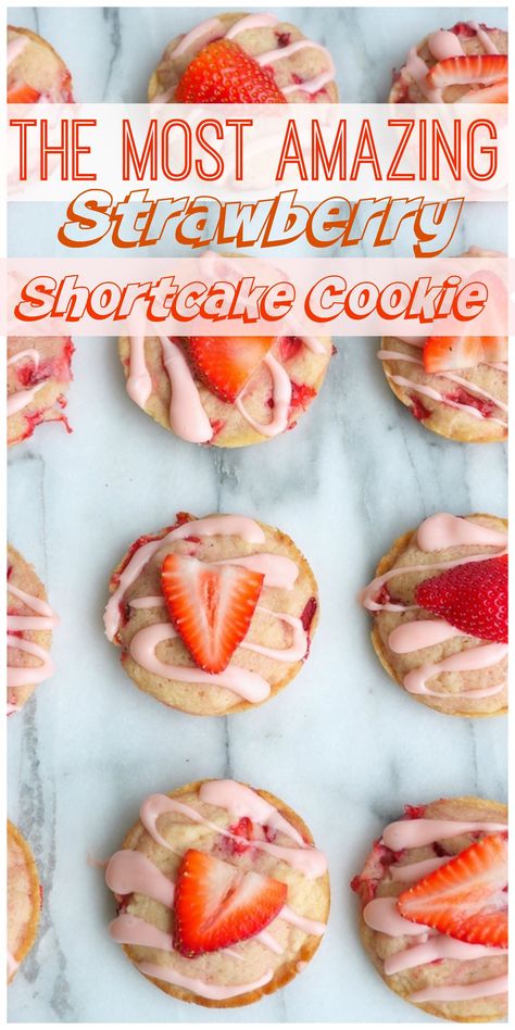 Soft Baked Strawberry Shortcake Cookies are a fun twist on strawberry shortcake. The authentic taste will surprise you. #strawberry #strawberries #strawberryshortcake Unique Strawberry Desserts, Summer Theme Desserts, Homemade Strawberry Cookies, Summer Bakery Treats, Strawberry Shortbread Cookies, Summer Baking Recipes, Shortcake Cookies, Strawberry Shortcake Bars, Strawberry Shortcake Dessert