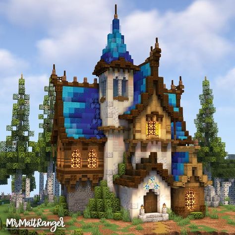 Blue Roof House, Chalet Minecraft, Château Minecraft, Minecraft Fantasy House, Minecraft Roof, Minecraft Medieval House, Casa Fantasy, Minecraft House Ideas, Case Minecraft